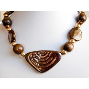 Vintage Brown Enamel Modernist Necklace , 17 Inch , Fall Colors